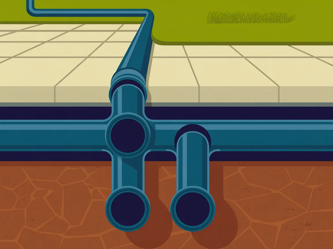 Side cutaway of a house drain run passing beneath a concrete slab, then a paved patio, then open yard soil, with two branch pipes dropping into it from above