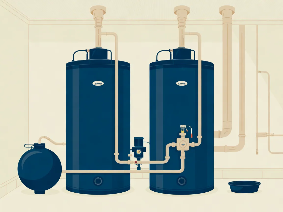 Illustration of two large commercial gas water heaters side by side in a mechanical room, joined by a common hot water header with a recirculation pump, a thermostatic mixing valve and an expansion tank