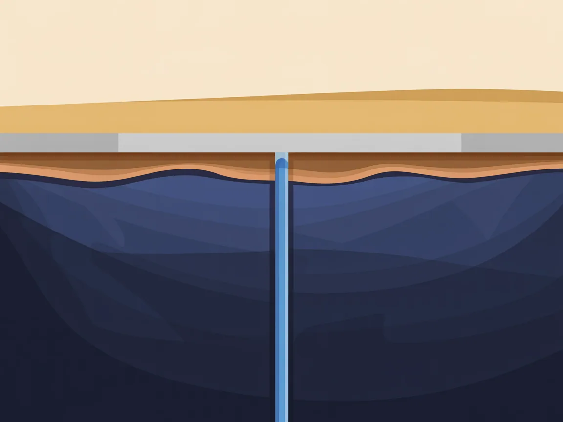 Cutaway through the ground beside a Mesa house showing a concrete slab foundation, a pale cemented caliche layer under the topsoil, and a single water pipe running beneath the slab