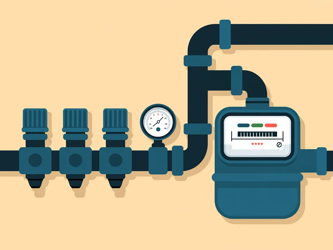 Illustration of a gas meter feeding one branch line, with a pressure gauge on the line and three capped appliance outlets along it
