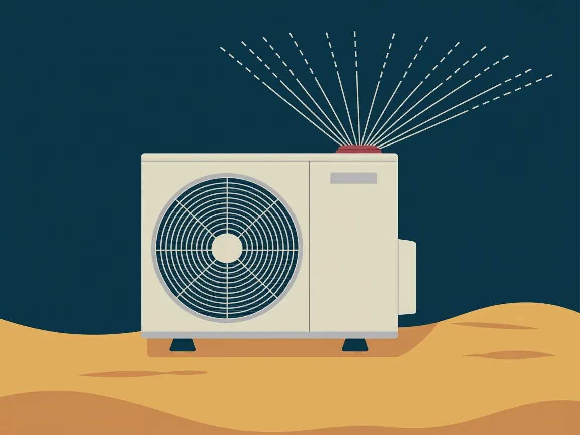 Close view of a heat pump outdoor coil with fine desert dust packed into its aluminium fins while a garden sprinkler head sprays water across it