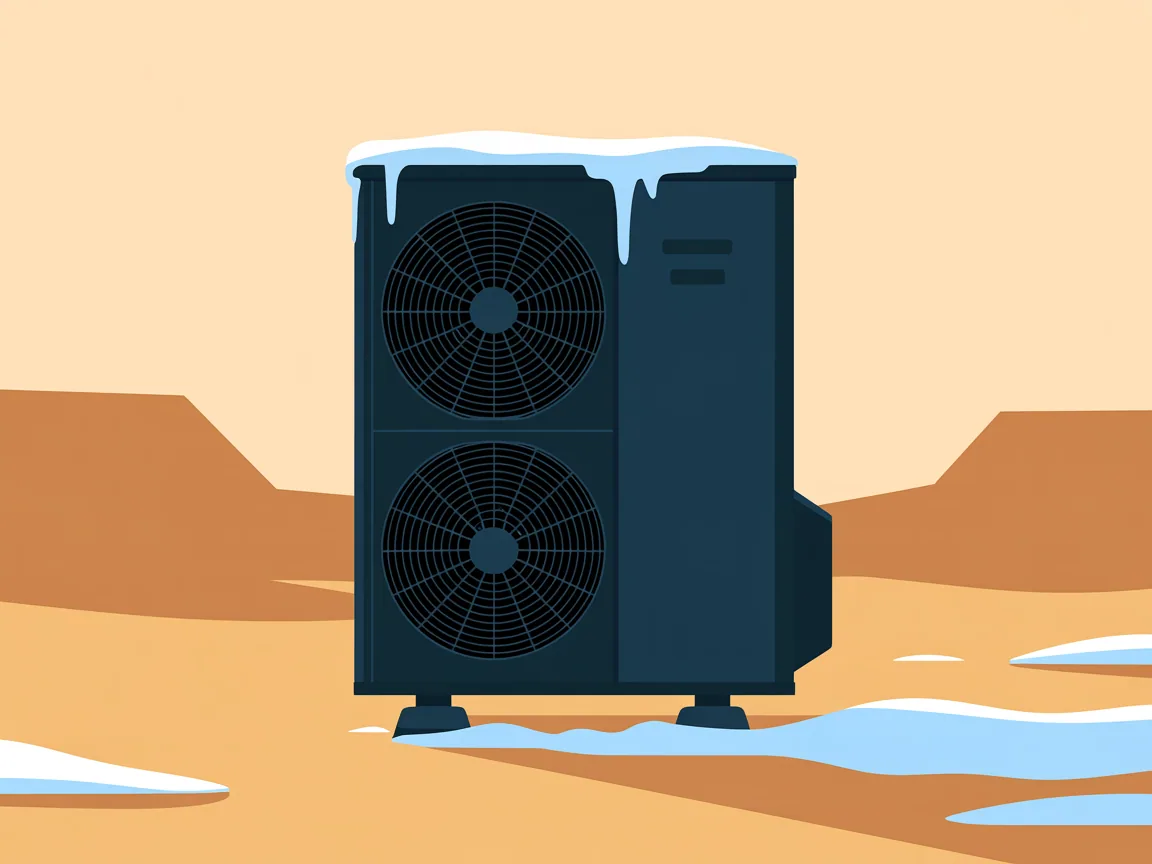 A residential heat pump outdoor unit standing in a desert yard on a cold morning with frost across its coil fins and its fan stopped