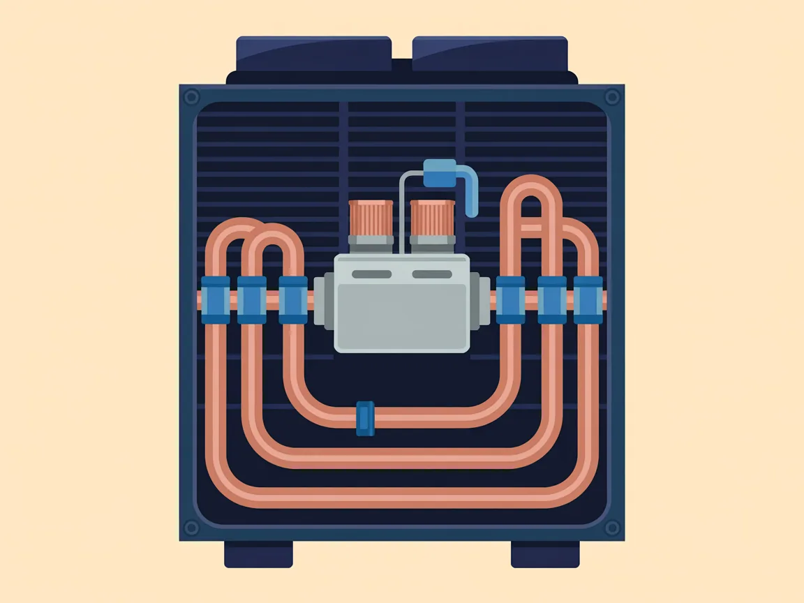 A reversing valve inside a heat pump cabinet with four copper refrigerant lines meeting it and a solenoid coil mounted on top