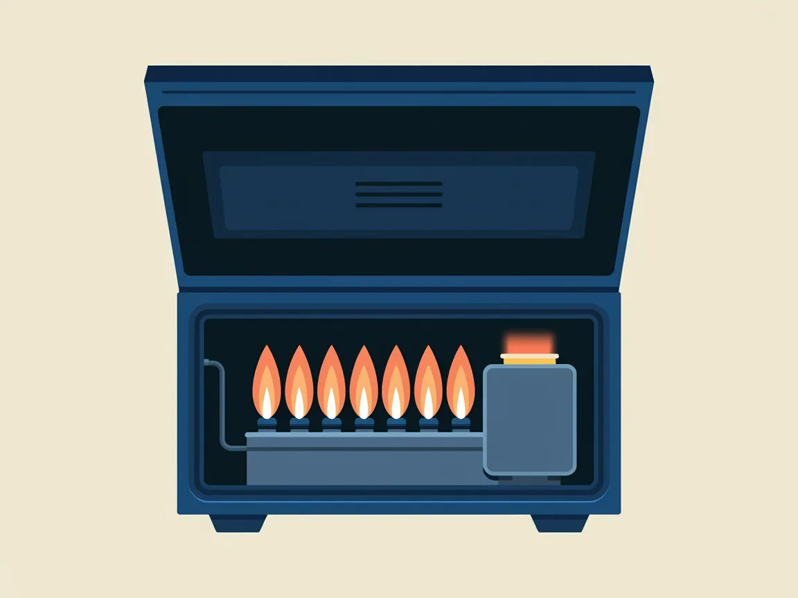 An open gas furnace cabinet showing a row of lit burners with a glowing hot surface igniter mounted at the end of the row