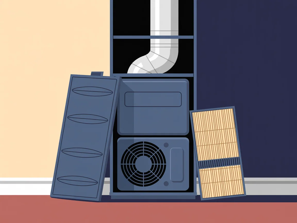 A home furnace closet with its access panel leaning against the wall, a dust covered blower inside the cabinet and a clogged air filter pulled halfway out