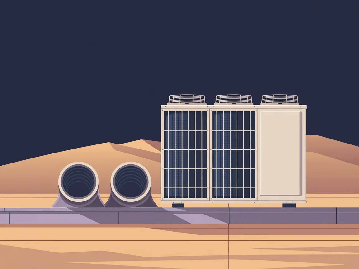 A packaged heating and cooling unit standing on a flat desert roof with two large ducts dropping through the roof curb beside it