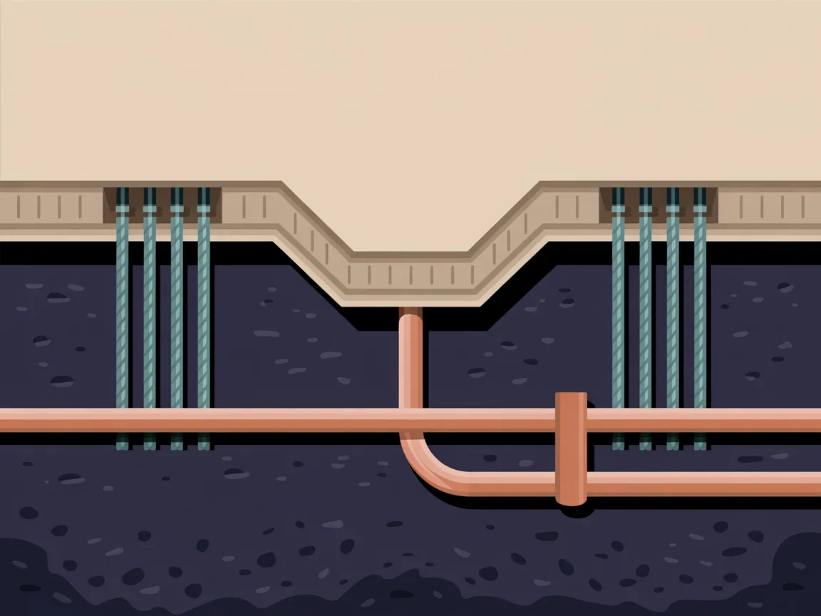 Cutaway of a residential concrete slab with sheathed steel post-tension cables running through it in a grid and a copper water supply pipe crossing beneath them in the soil