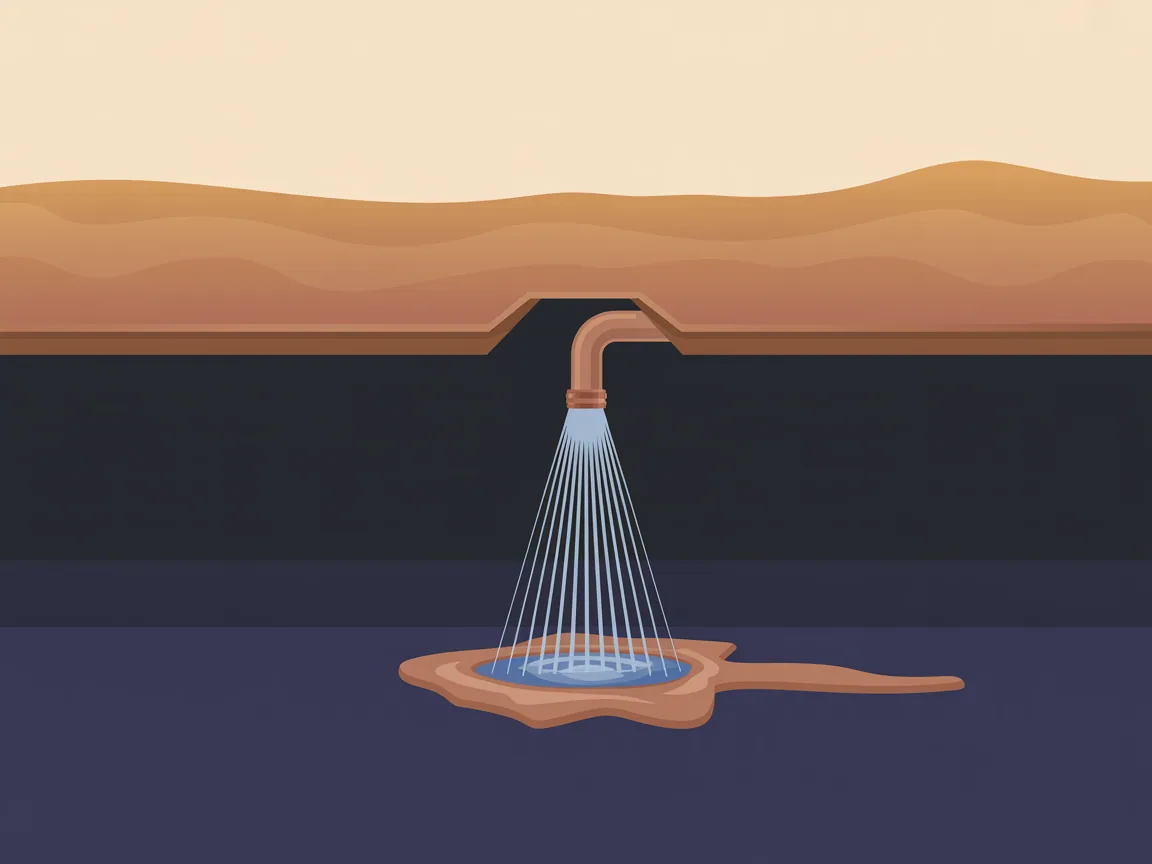 Illustrated cutaway of layered desert ground over a concrete slab, with a copper pipe beneath the slab spraying water that pools and spreads sideways across the layer below