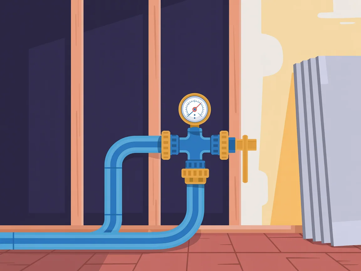 New water supply tubing running through open wall studs with a pressure gauge fitted at the manifold and drywall sheets still stacked unhung