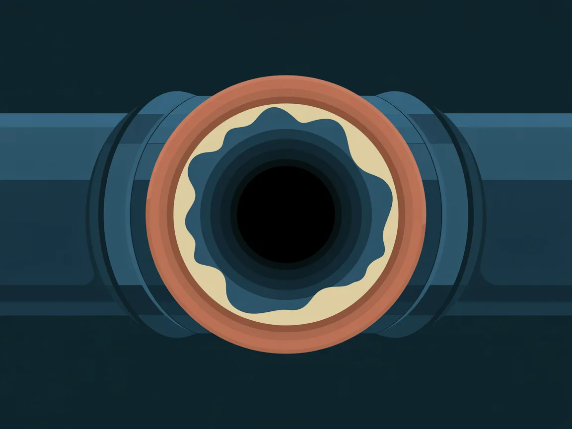 Cutaway of a household water supply pipe with rings of mineral scale narrowing the bore from the inside