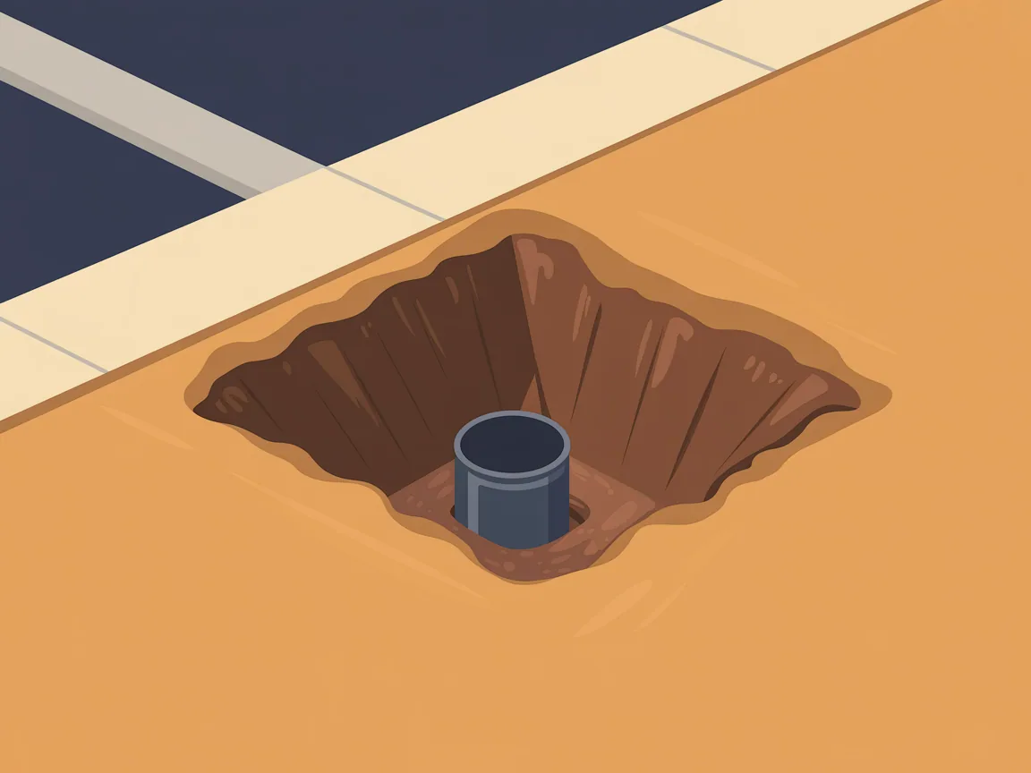 Cutaway of a single square access pit dug in a desert yard beside a concrete driveway, with shored sides and the buried sewer pipe exposed at the bottom
