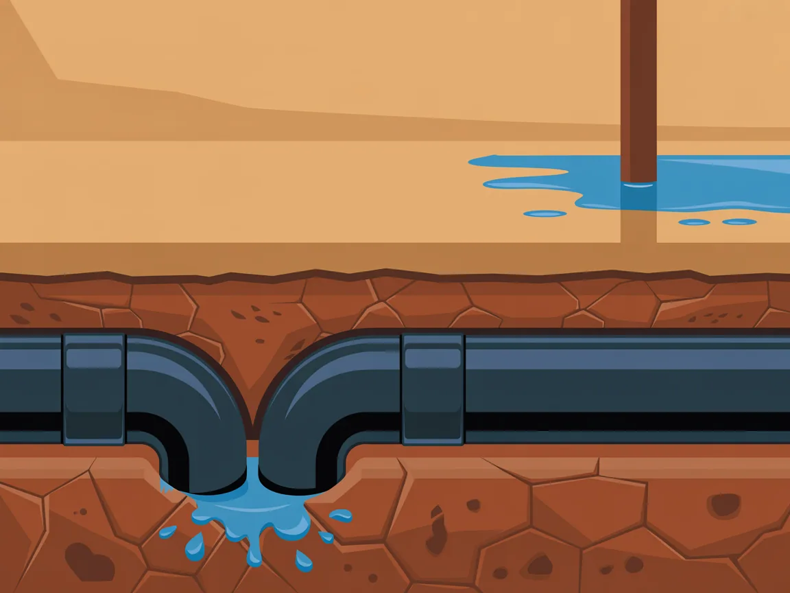 Illustrated cutaway of a desert yard showing a buried water line with a break, water spreading sideways along a caliche layer and surfacing as a wet patch downhill of the failure