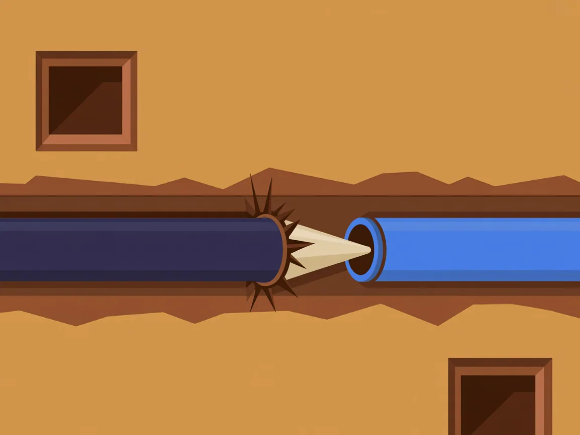 Illustrated cutaway of pipe bursting: a bursting head travelling along a buried run between two access pits, splitting the old pipe outward while a new pipe is pulled in behind it